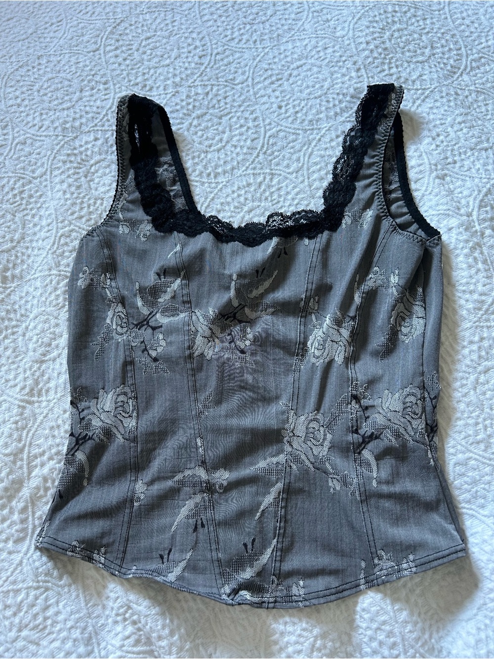 Vintage Arianne Gray Floral Lace-Trim Tank Top